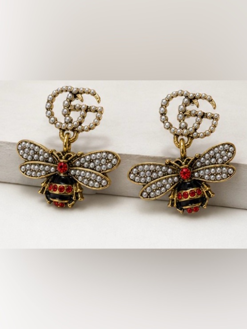 Designer Inspired Pearl Bee Drop Earrings Gold Red Rhinestone